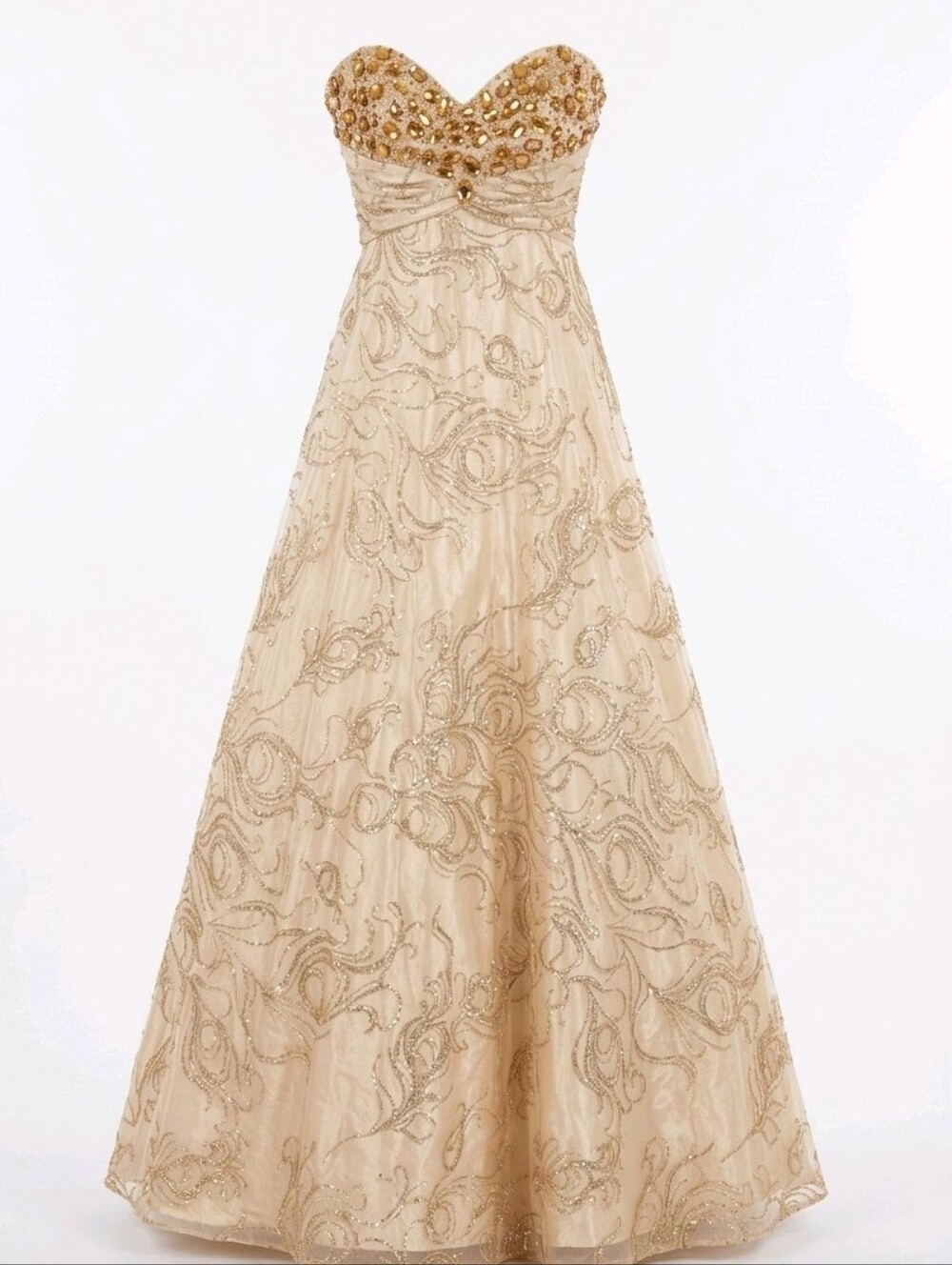 Masquerade Strapless Champagne Sequin Gown with Gold Accents